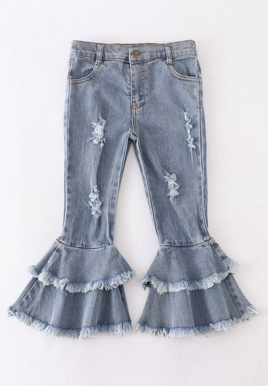 Double Layered Frayed Flare Jeans